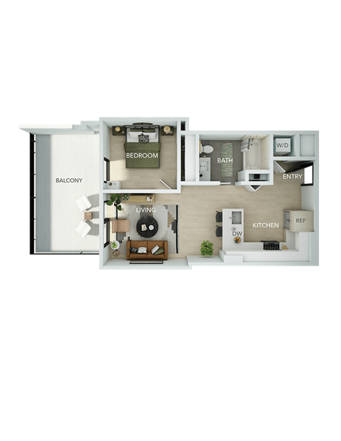 Floor plan for 1 bed, 1 bath, 598 sqft
